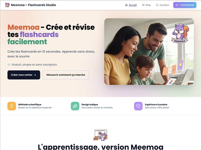 Site web Meemoa - Création et révision de flashcards